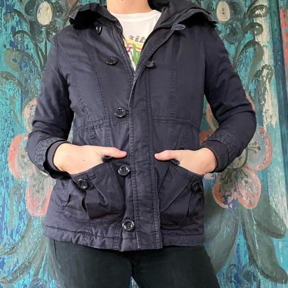 Forever 21 blue black utility jacket winter coat faux fur - Picture 2 of 4